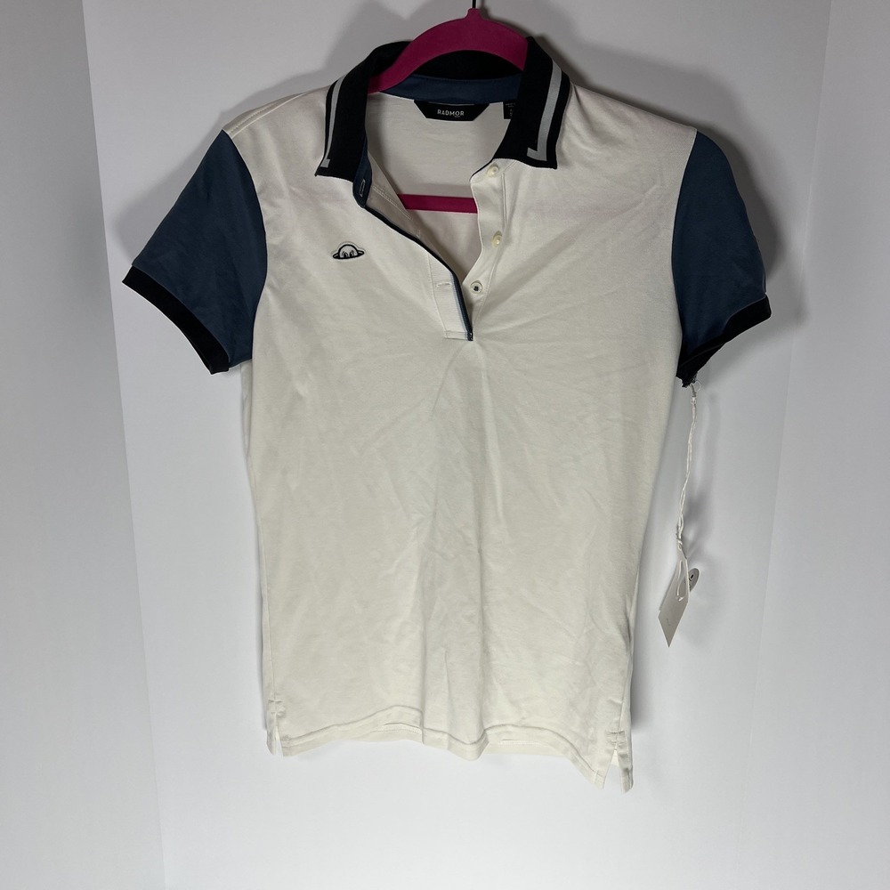 NWT RADMOR Lauren Cap Stripe Short Sleeve Golf Polo, Blue Graphite Womens Small